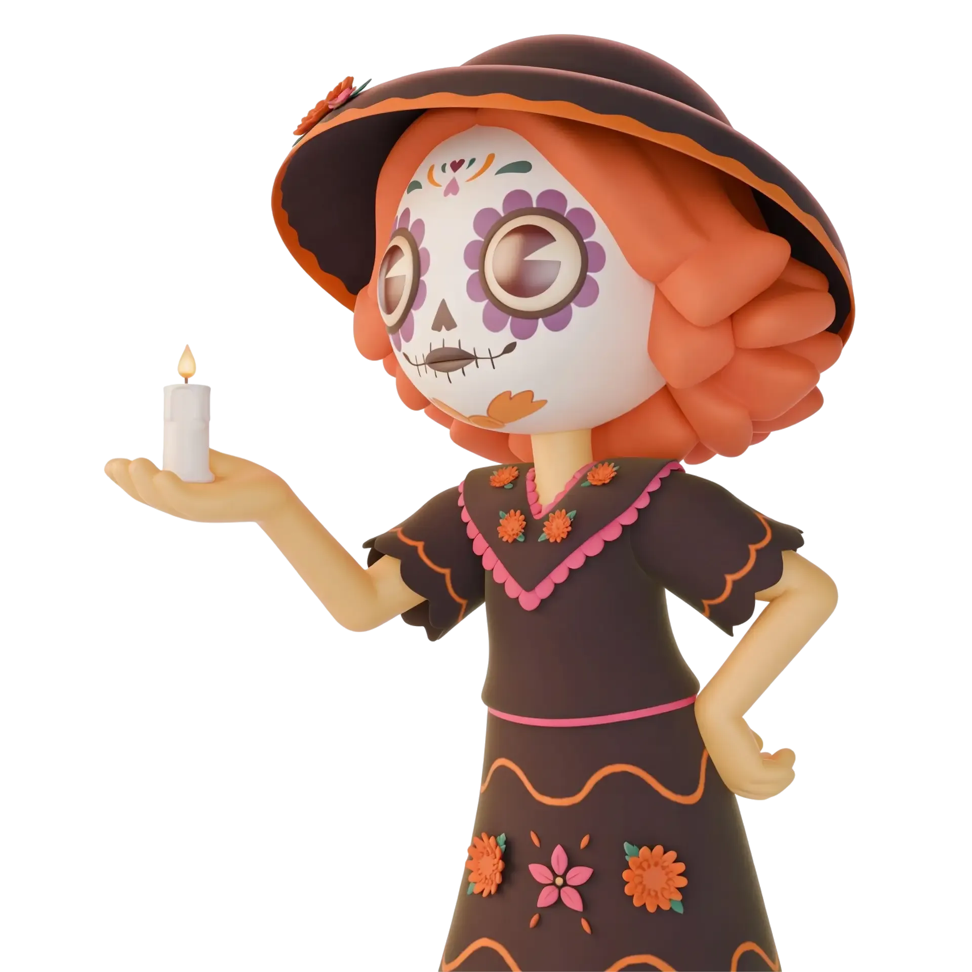 Lorena vestida de catrina sostiene una vela